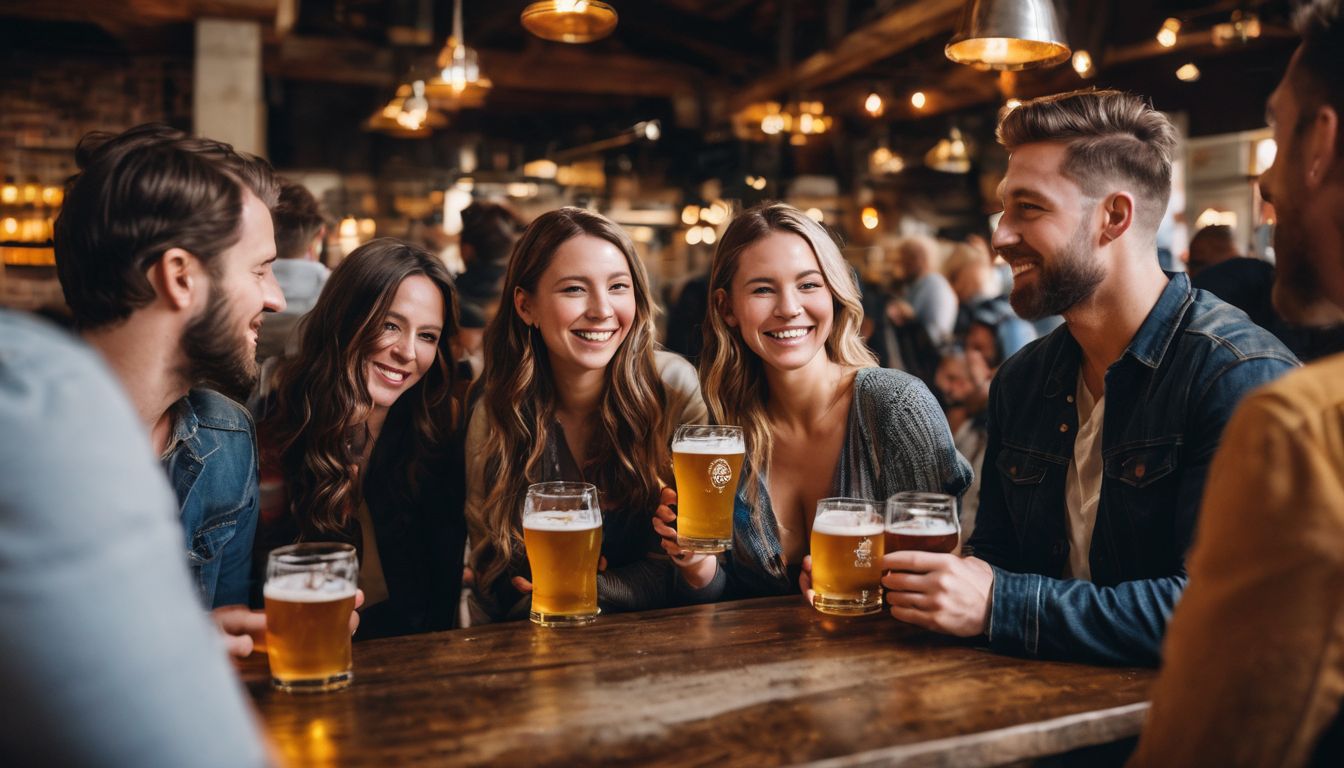A diverse group of friends enjoying craft beers at a brewery event.