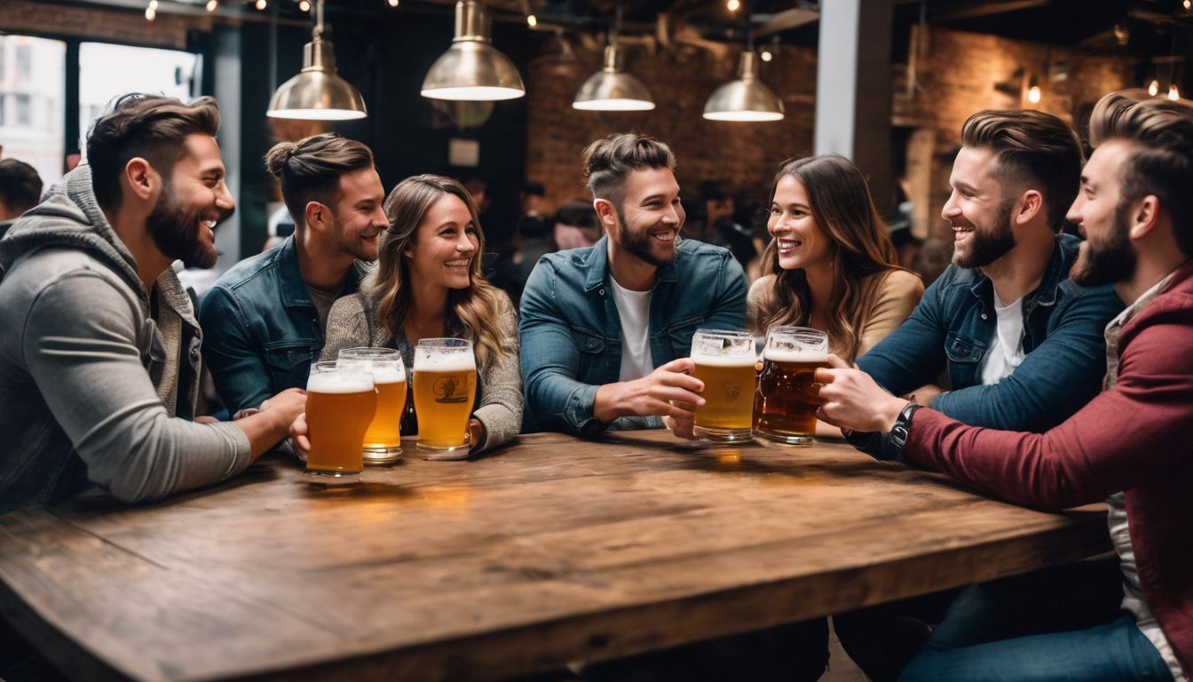 A diverse group of friends enjoying craft beer at a brewery.