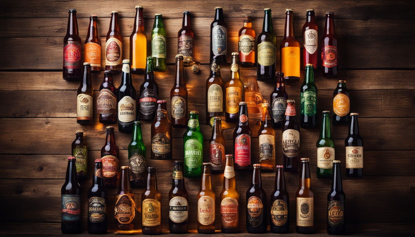 A vibrant assortment of craft beer bottles on a wooden background.