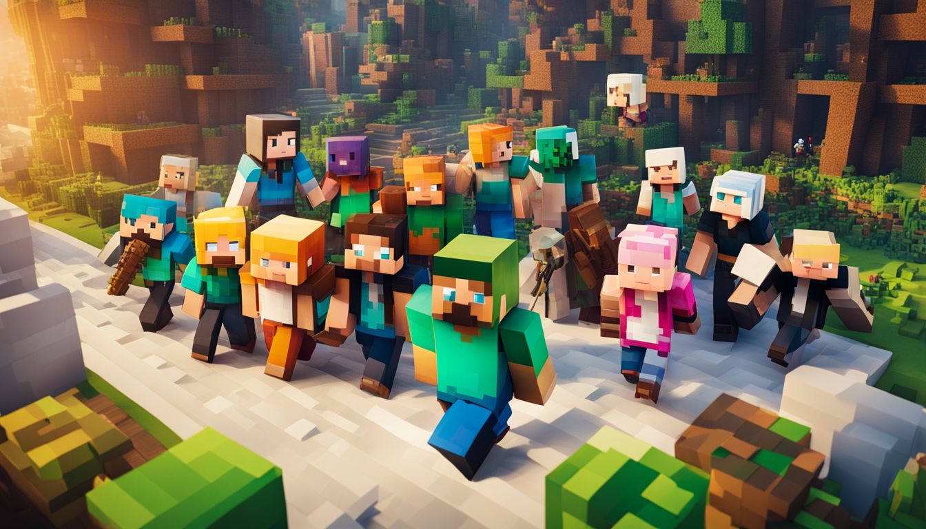 A diverse group of Minecraft characters wearing colorful clothes in a bustling cityscape.
