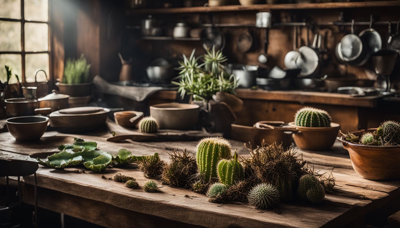 A rustic kitchen table with kelp and cacti, featuring various people with different looks and outfits.
