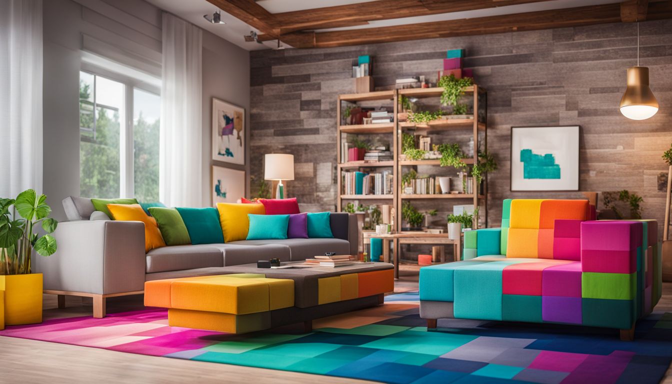 A colorful living room decorated with Minecraft-themed furniture and accessories, featuring people of different ethnicities, faces, and outfits.