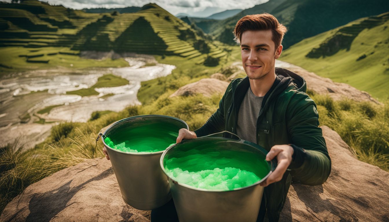 A player holding a bucket of green dye in front of a lush Minecraft landscape.