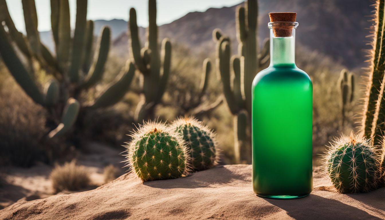 A photo of green dye in a bottle surrounded by various cacti in a desert landscape with people of different ethnicities and styles.
