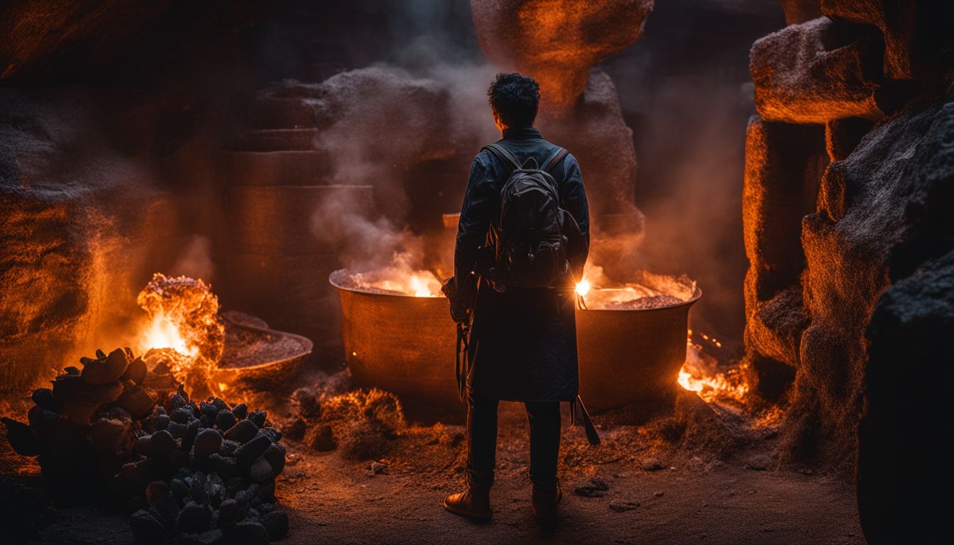 A person is smelting materials in a furnace, surrounded by a variety of people with different appearances and outfits.