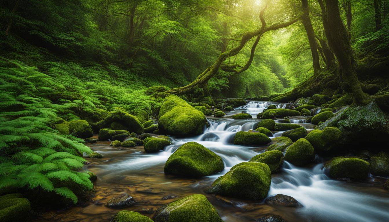 A photo of a vibrant forest with a flowing stream, showcasing diverse people, outfits, and hairstyles.