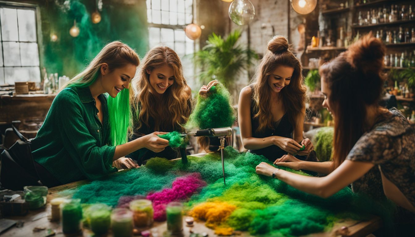A diverse group of friends enjoying a creative crafting session with green dye in a vibrant environment.