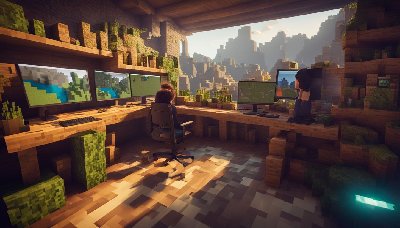 A photo of a player in front of a Minecraft workstation with various backgrounds and people of different appearances, outfits, and hairstyles.