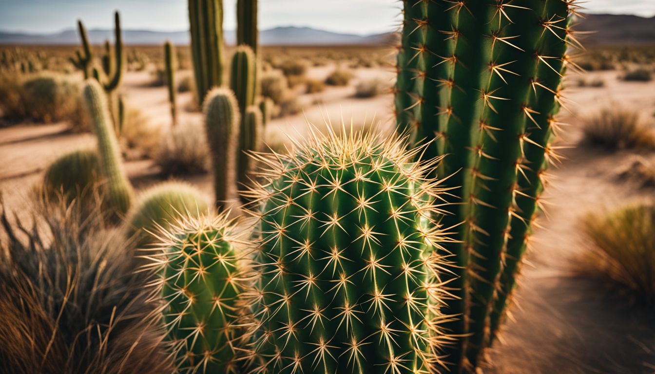 A close-up photo of a tall green cactus in a dry desert landscape, with different people and surroundings.