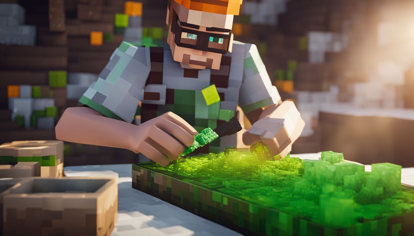 The image shows a player crafting with a green dye in Minecraft, with a variety of characters and detailed visuals.