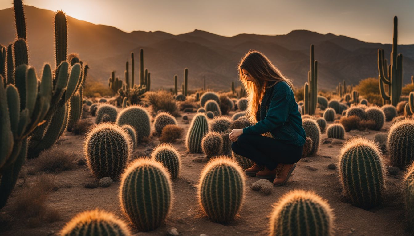 A person collecting cacti in the desert, with diverse features, outfits, and hairstyles, in a vibrant and detailed photograph.