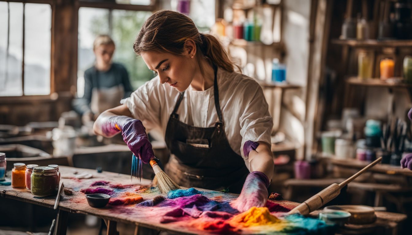A person dyeing fabric with colorful dyes and paintbrushes in a bustling atmosphere, captured in high-quality detail.