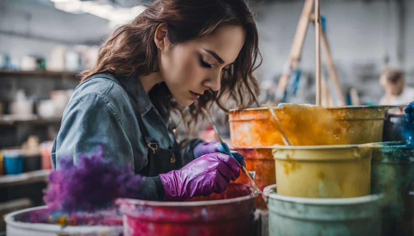 A person wearing gloves dips a paintbrush into a bucket of colorful dye in a well-lit dyeing studio.