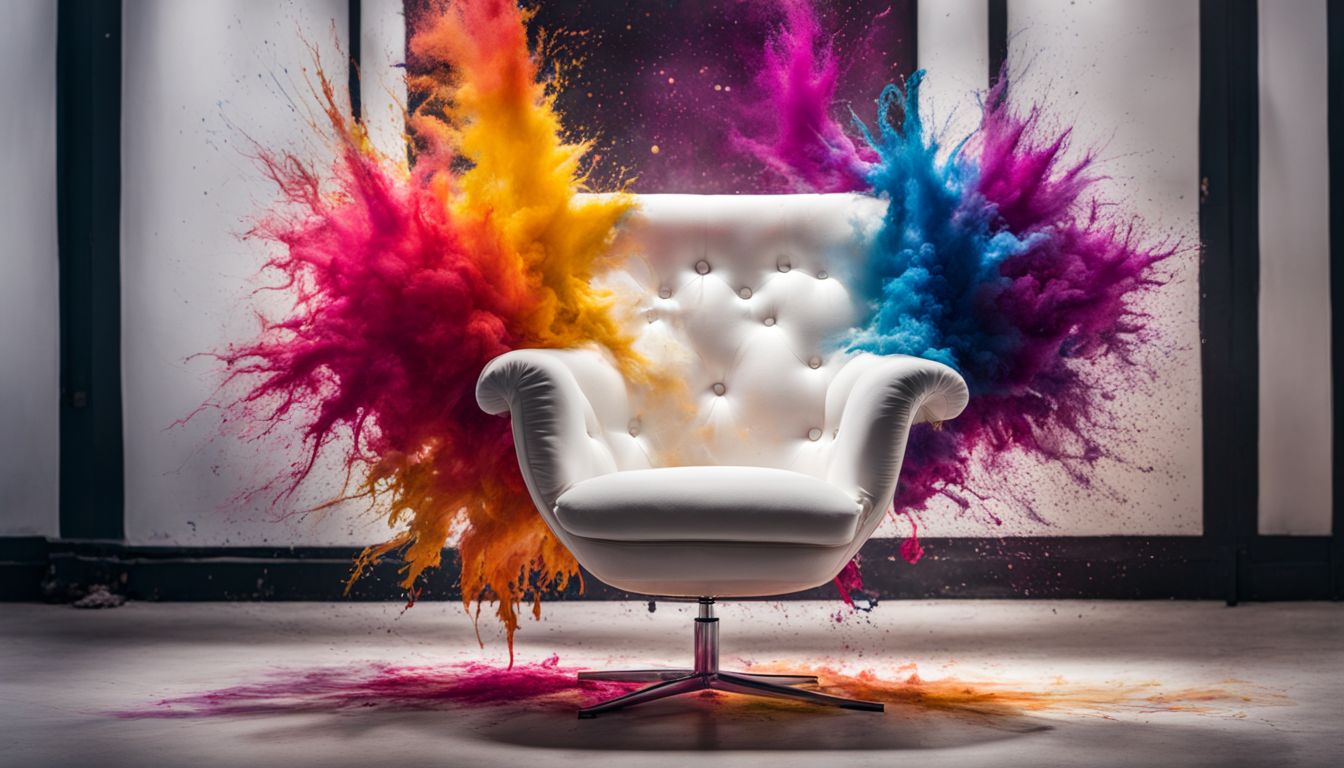 A photo of a colorful splatter of dye on a white fabric chair, featuring people of different ethnicities, hairstyles, and outfits.