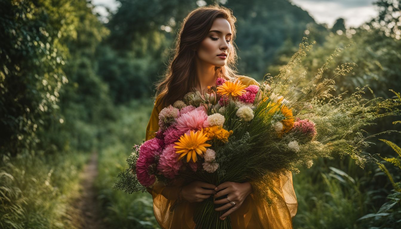 A woman holds a bouquet of colorful flowers in a lush green setting. The image features different faces, hair styles, and outfits.