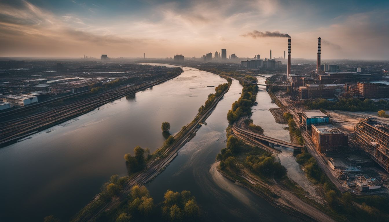 An aerial photograph of a polluted river running through a industrialized city with diverse people and outfits.
