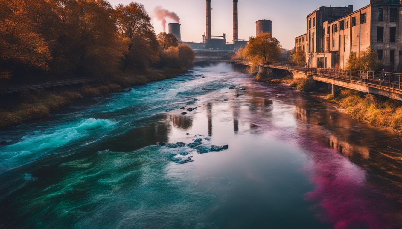 The photo depicts a polluted river next to a factory emitting smoke, with various people and landscapes in the background.