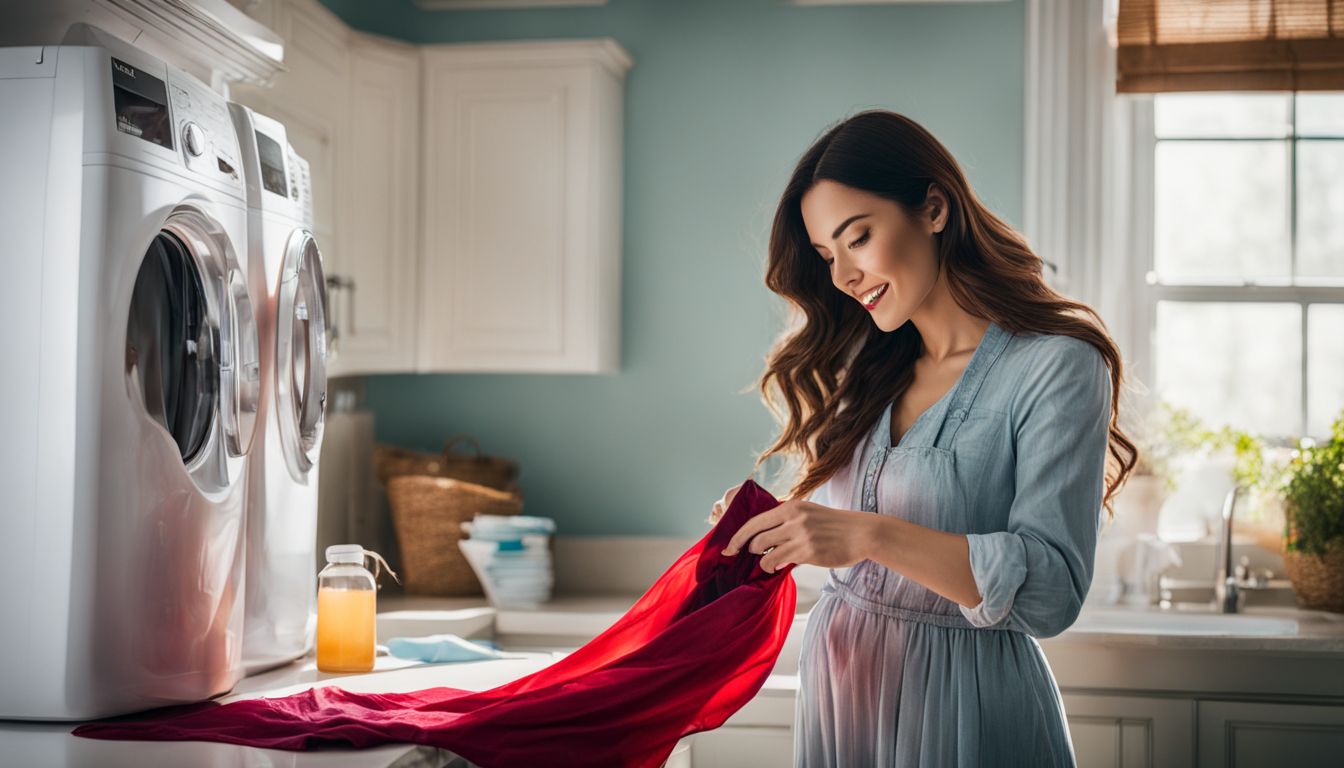 A woman is using vinegar to remove stains from a dress in a bright laundry room.