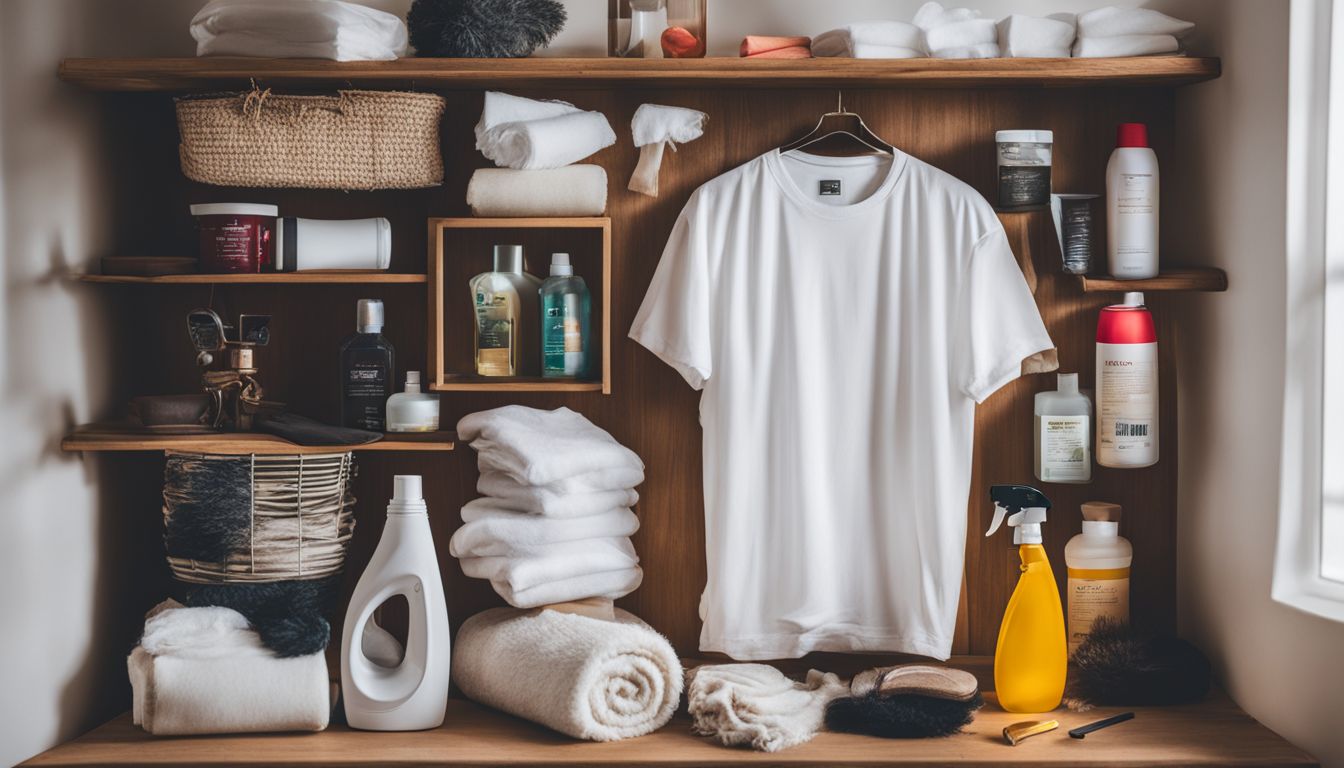 A photo of a stained white t-shirt surrounded by cleaning supplies, featuring different faces, hair styles, and outfits.