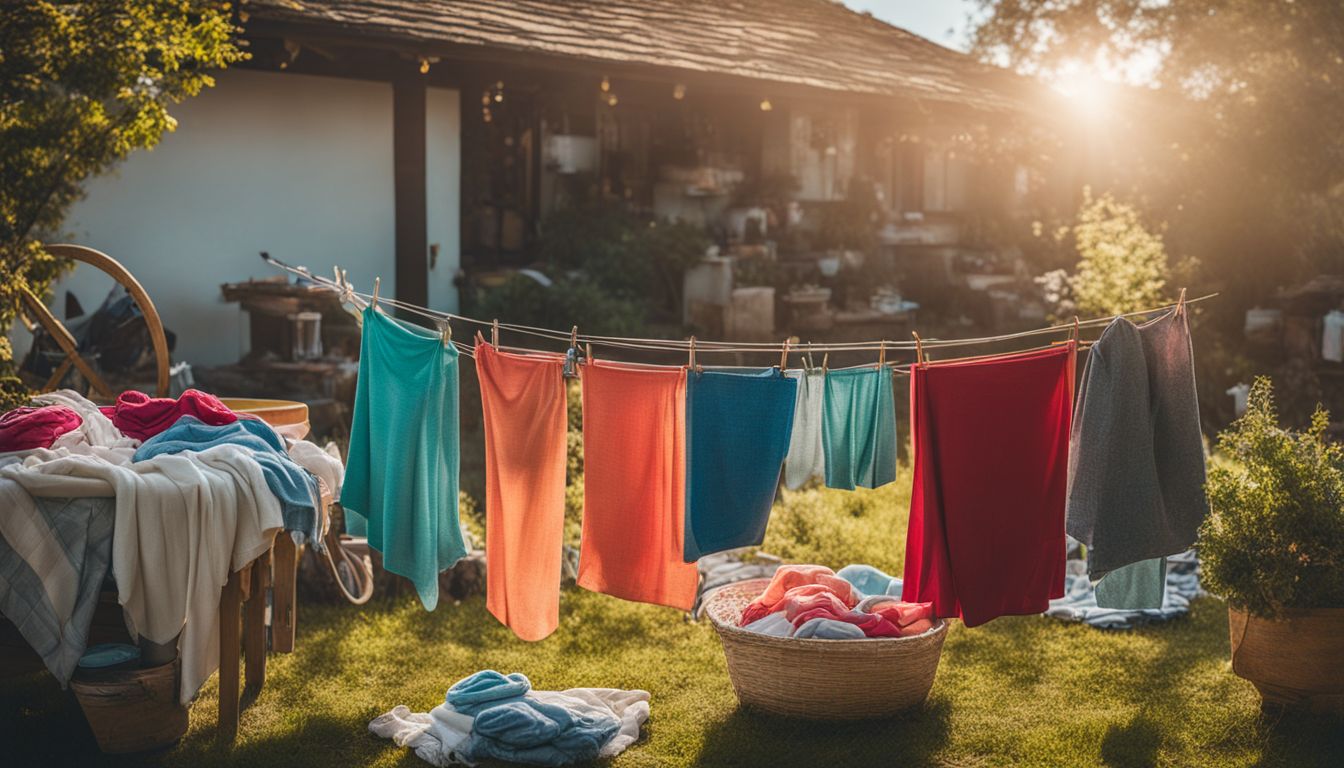 A vibrant and diverse scene of laundry being washed outdoors in a picturesque setting.