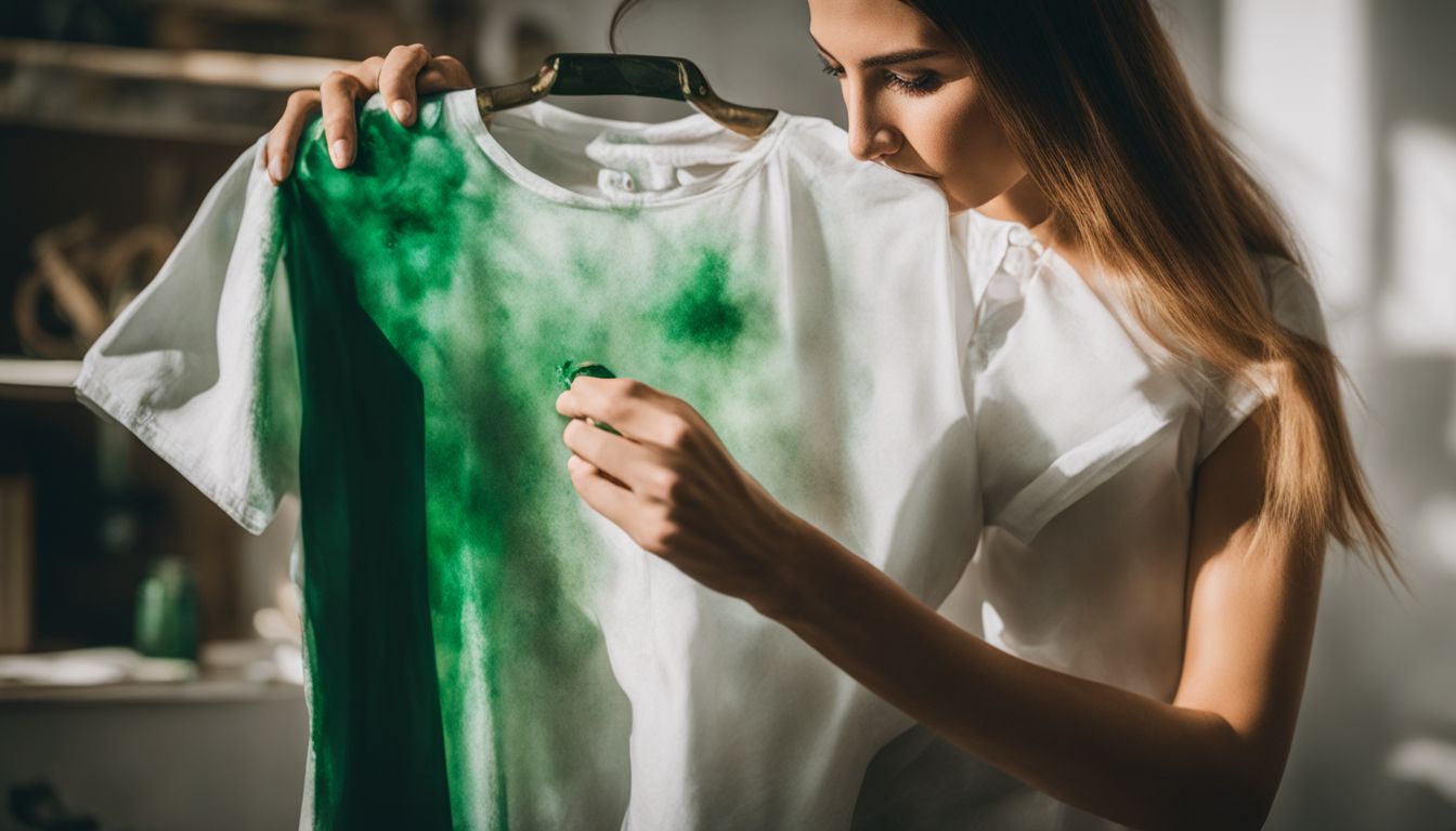 A person removing green dye stains from a white shirt using a stain remover spray. Multiple faces, hair styles, and outfits are featured.