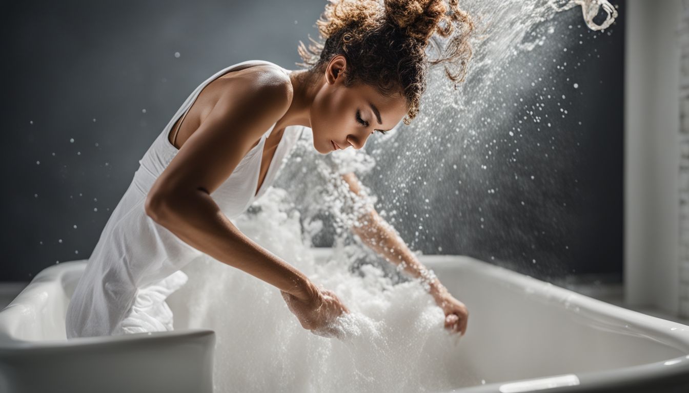 A person is rinsing white clothes in a clean bathroom in a variety of different outfits and hairstyles.