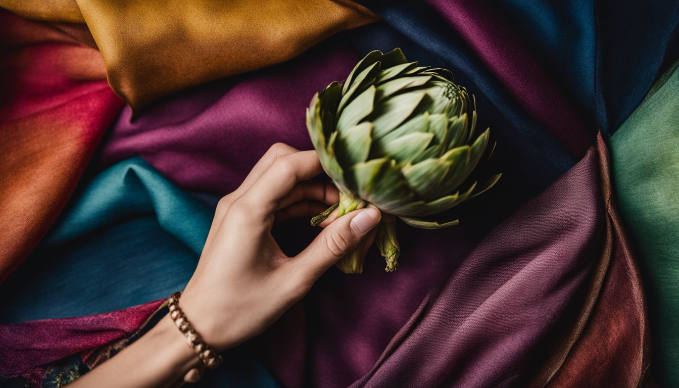How to Make Green Dye at Home: A hand holding a boiled artichoke leaf surrounded by dyed fabrics, with various faces, hairstyles, and outfits.