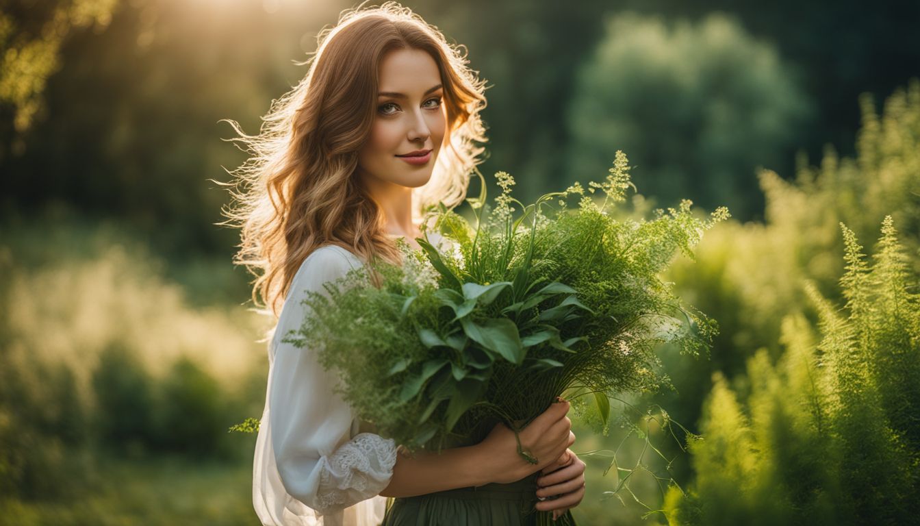 A person holding a bouquet of green plants in a sunlit garden, captured in a crisp and vibrant photograph.