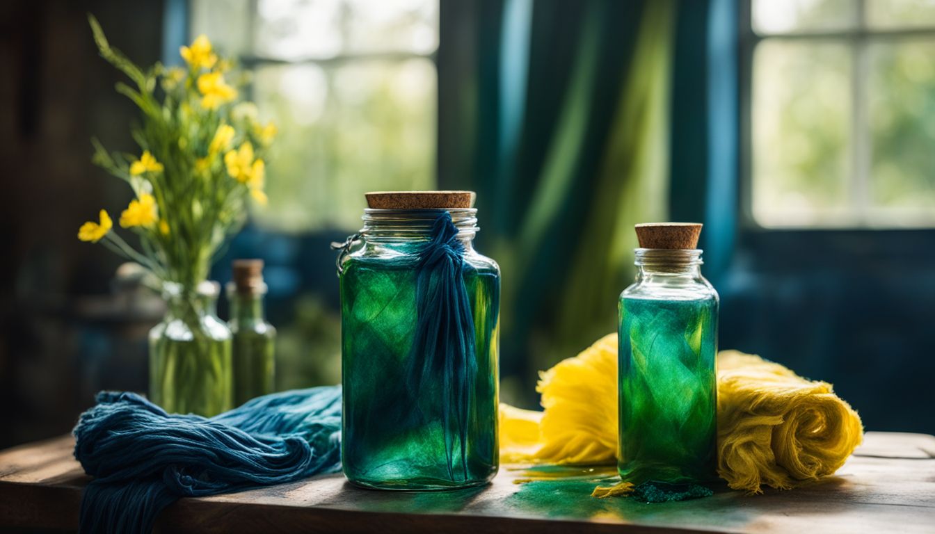 A bundle of freshly dyed green fabric surrounded by indigo and yellow dye bottles, with people of different ethnicities and styles in the background.
