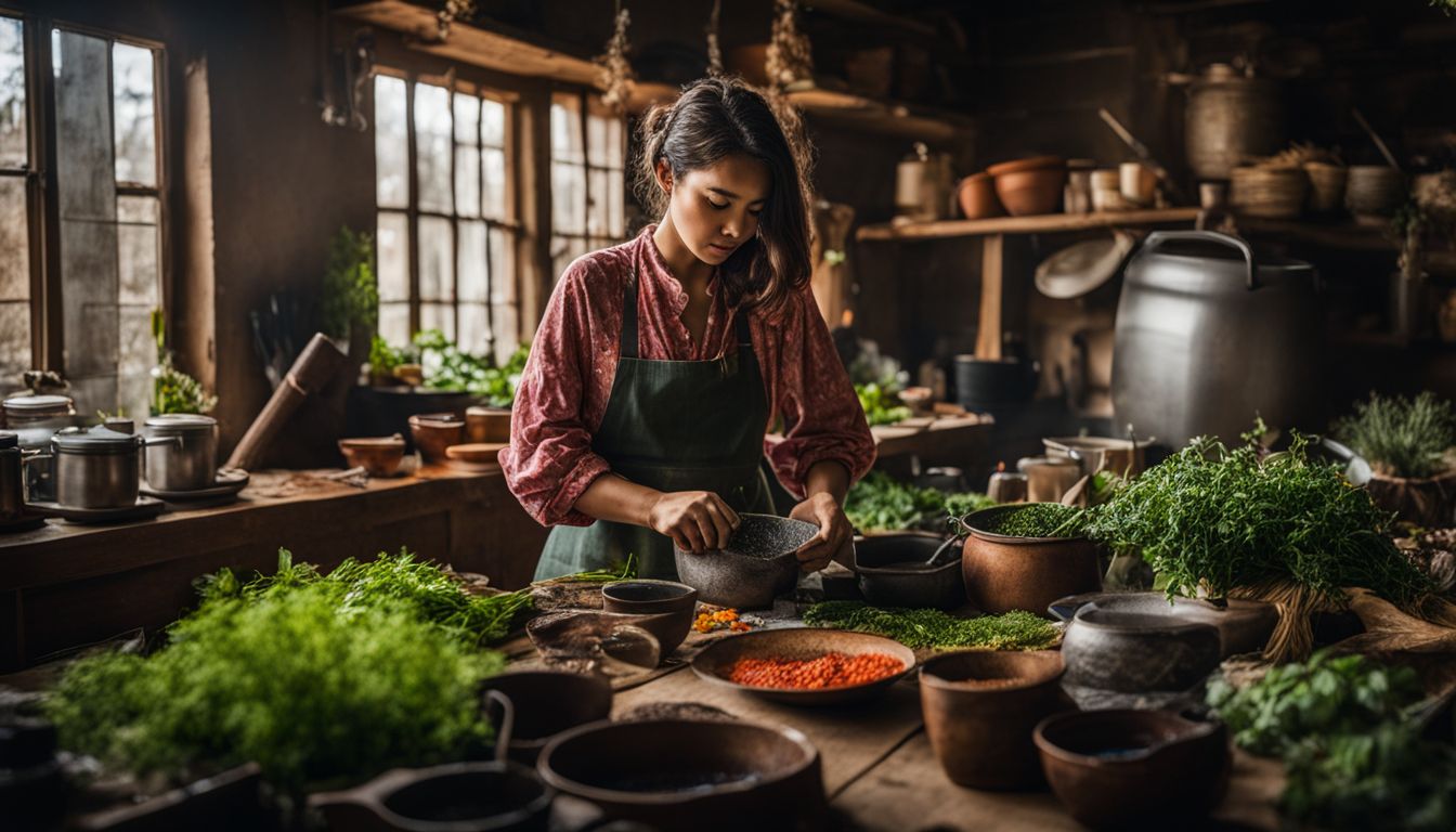 A person in a colorful apron cooking with raw plant materials in a bustling atmosphere, photographed in high quality.