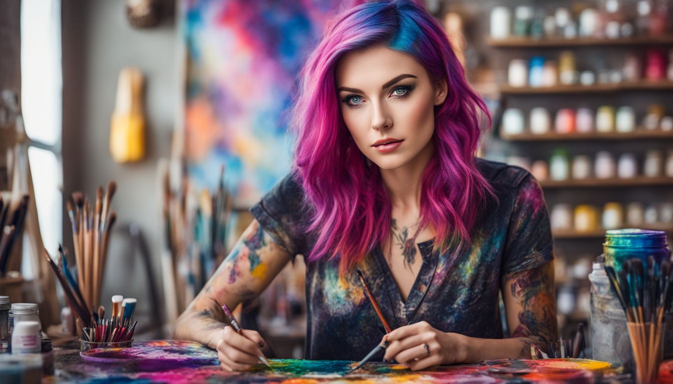 A vibrant portrait of a Caucasian woman with colorful hair surrounded by art supplies and paintbrushes.
