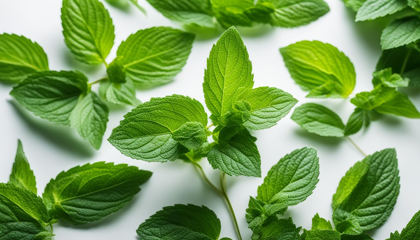 A vibrant close-up photo of mint leaves and stems on a white background with various people in different styles and outfits.