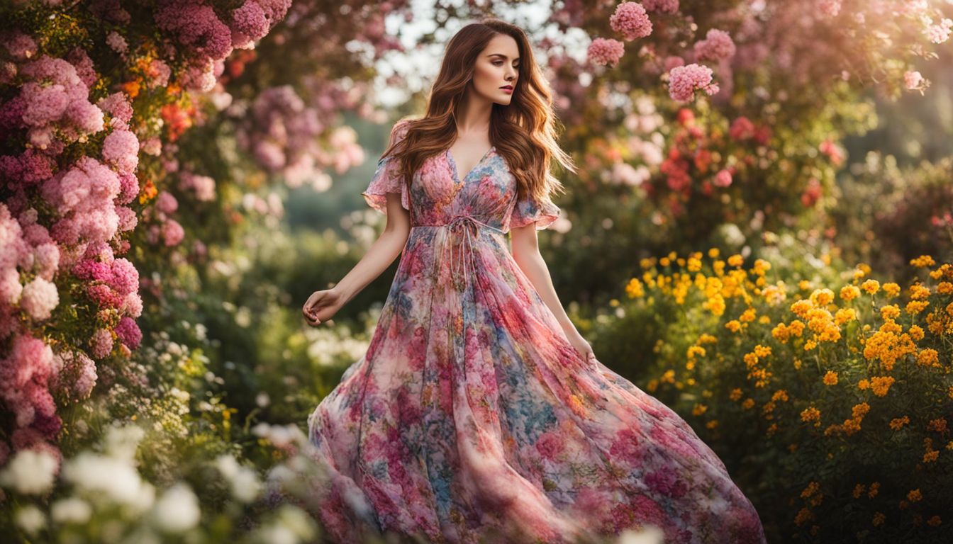 A Caucasian woman in a colorful dress stands in a garden surrounded by blooming flowers in a well-lit and bustling atmosphere.