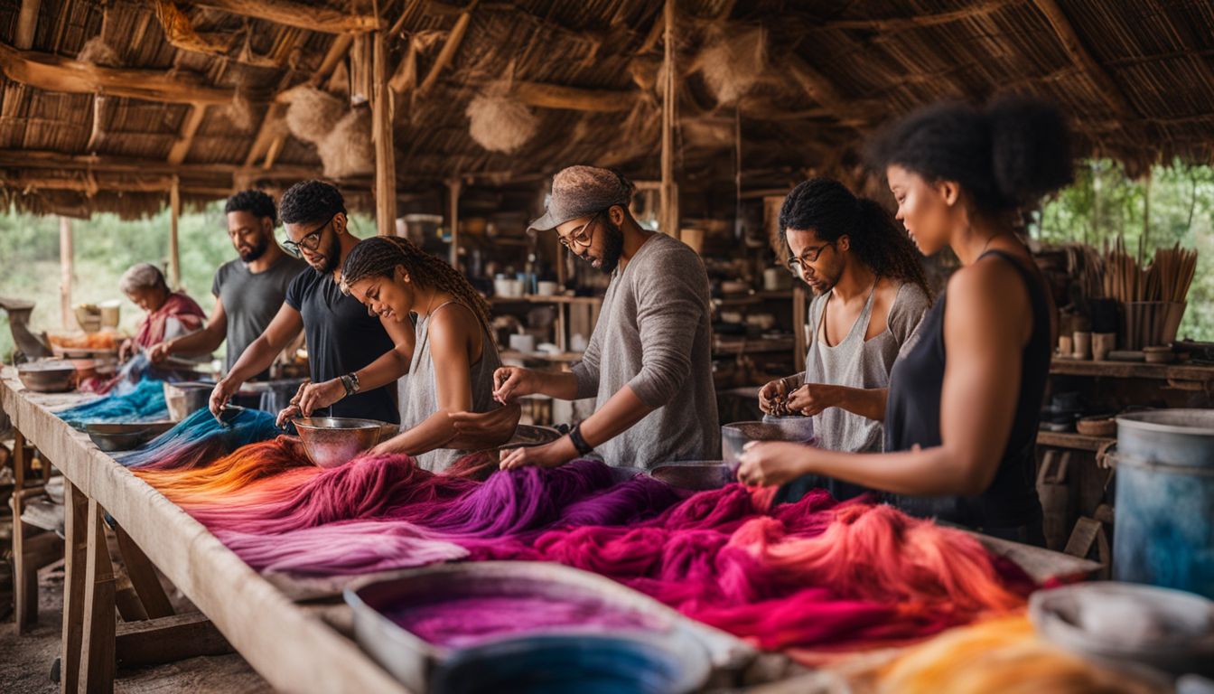 A diverse group of people dyeing fabric with natural dyes in a vibrant outdoor workshop.