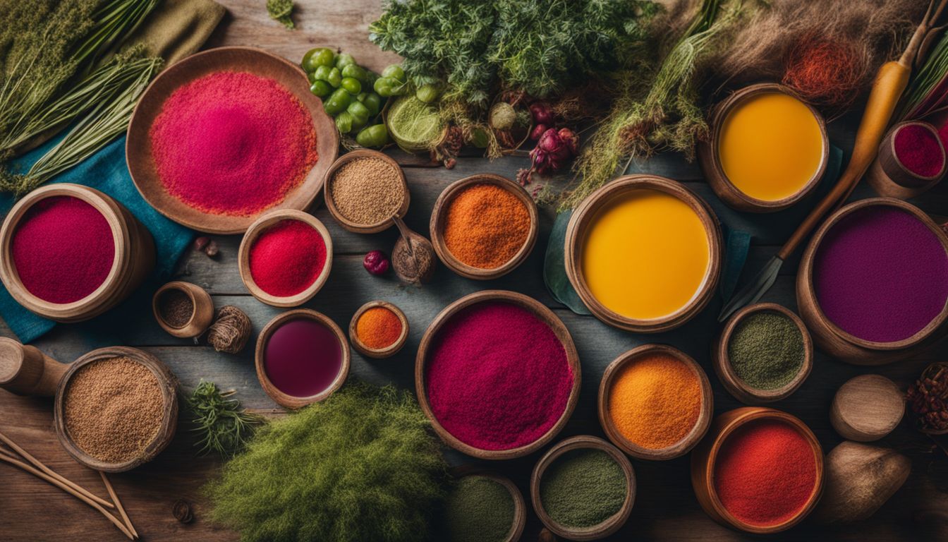 Colorful collection of plant-based materials and dyes arranged in a natural setting, captured in high resolution for a vibrant, photorealistic image.