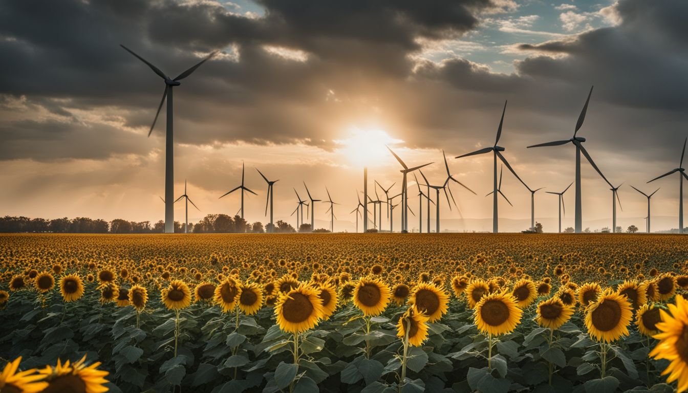 A vibrant field of sunflowers with wind turbines in the background, captured in a high-quality photograph.