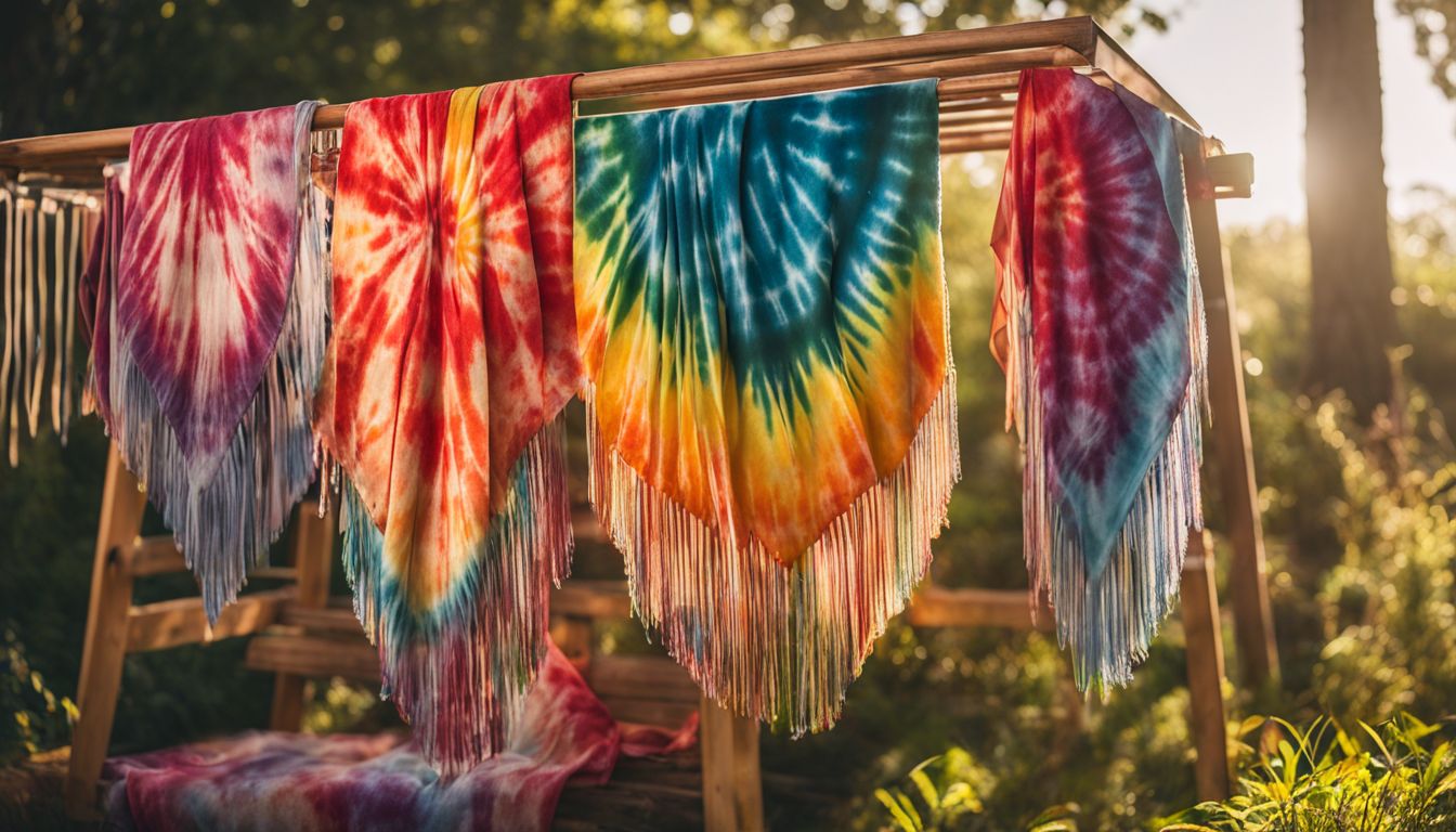 A vibrant tie-dye fabric drying outside on a rack, featuring people of different ethnicities and styles.