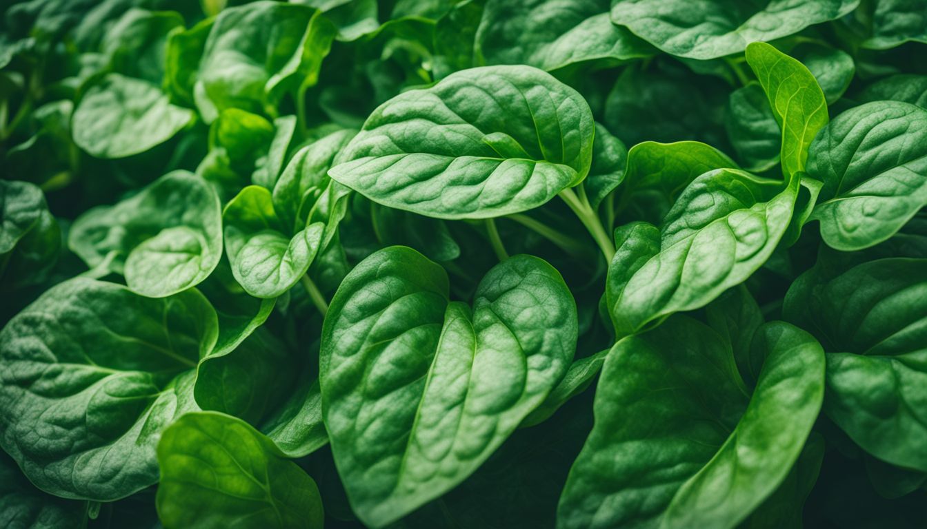 A close-up photo of vibrant green spinach leaves in a garden, with people of diverse appearances and outfits.