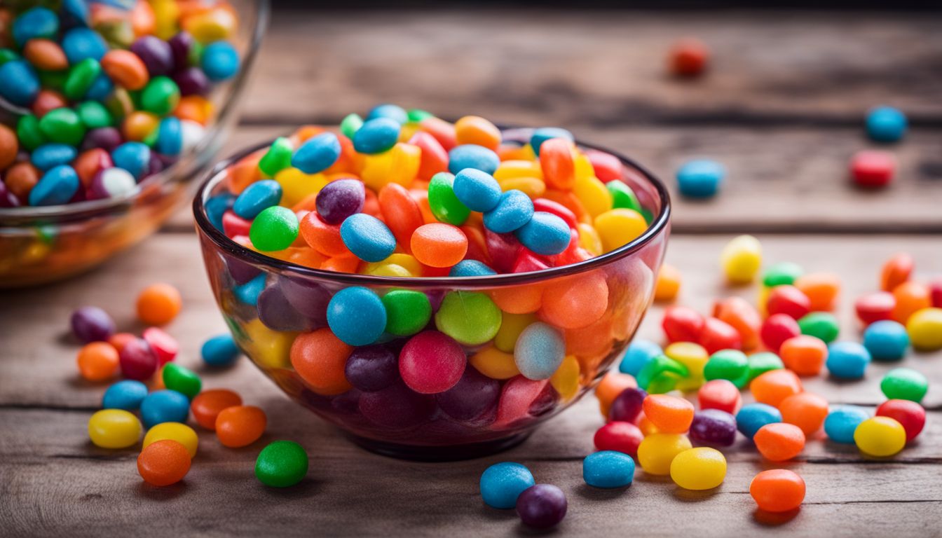 A bowl of colorful candies with warning labels; diverse people enjoying the bustling atmosphere.
