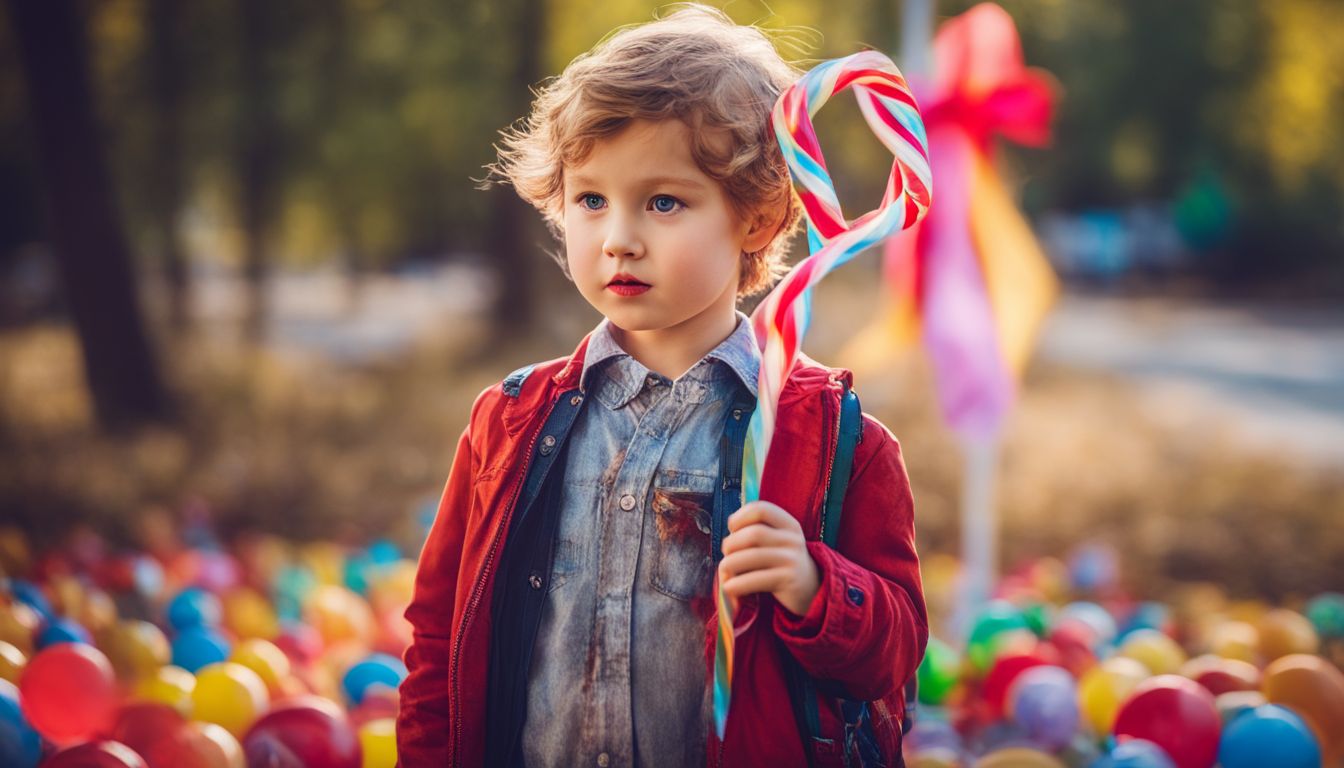 A child holds a colorful lollipop against a backdrop of caution tape, surrounded by a diverse group of people.