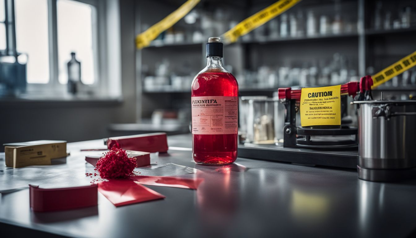 A cautionary photo of a red dye bottle in a laboratory, featuring a variety of people with different appearances.