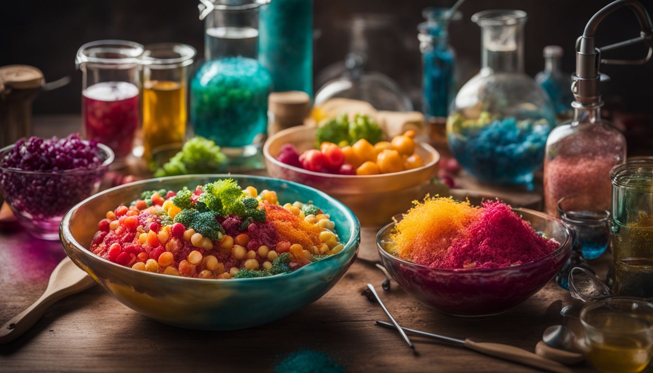A vibrant still life photograph featuring artificially dyed foods surrounded by lab equipment, showcasing diversity and vivid colors.