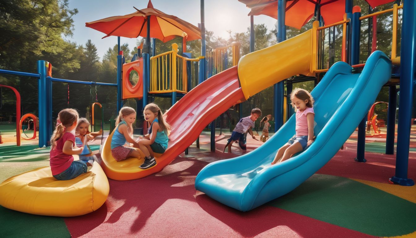A diverse group of children playing in a colorful playground surrounded by vibrant equipment.