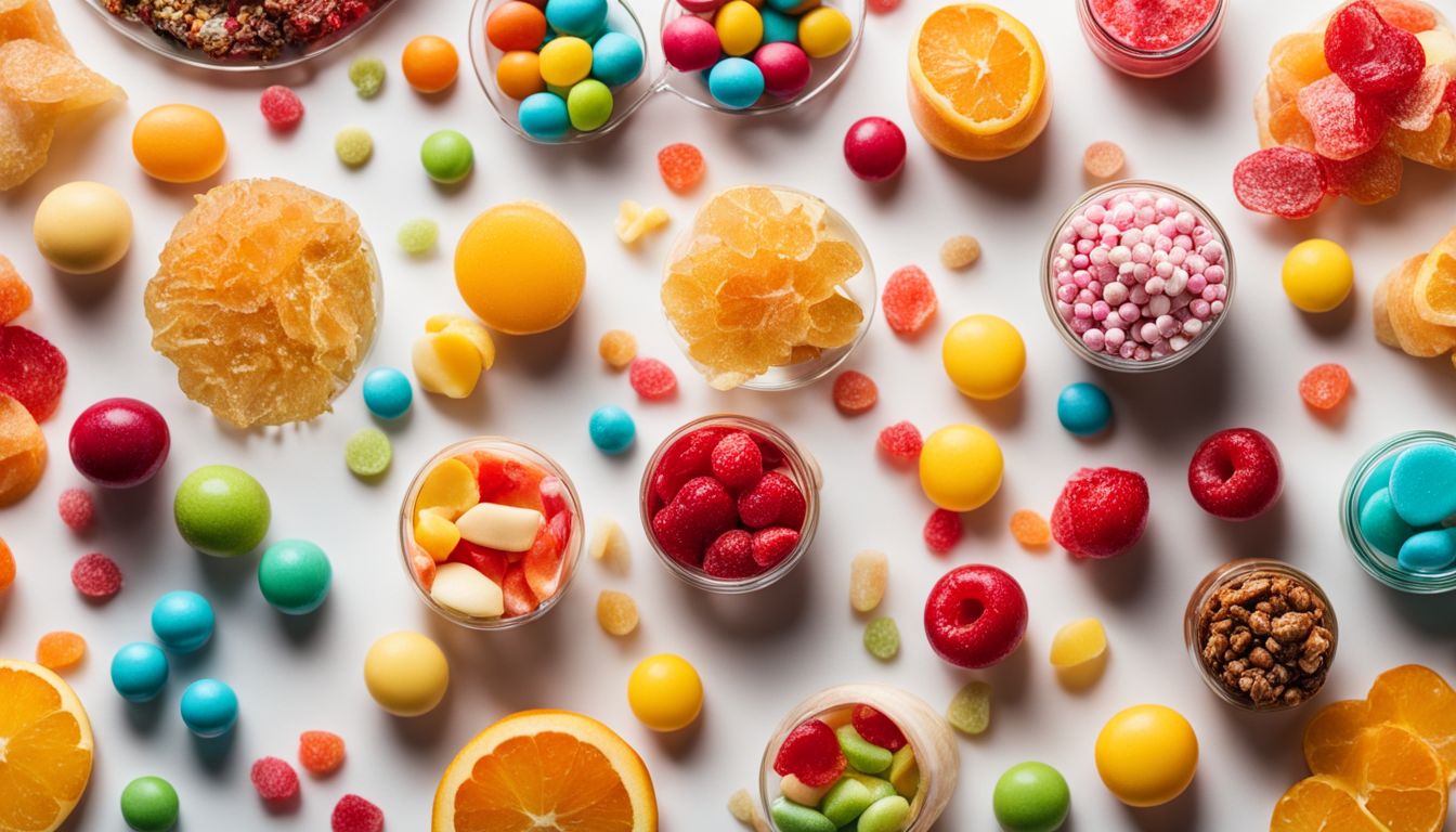 What Is the Most Harmful Dye: An assortment of colorful candies and snacks photographed in a vibrant and lively setting.