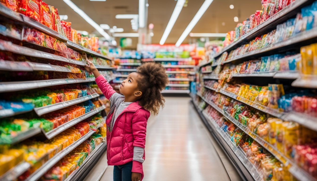A child excitedly reaches for colorful candies in a busy supermarket aisle, surrounded by other shoppers.