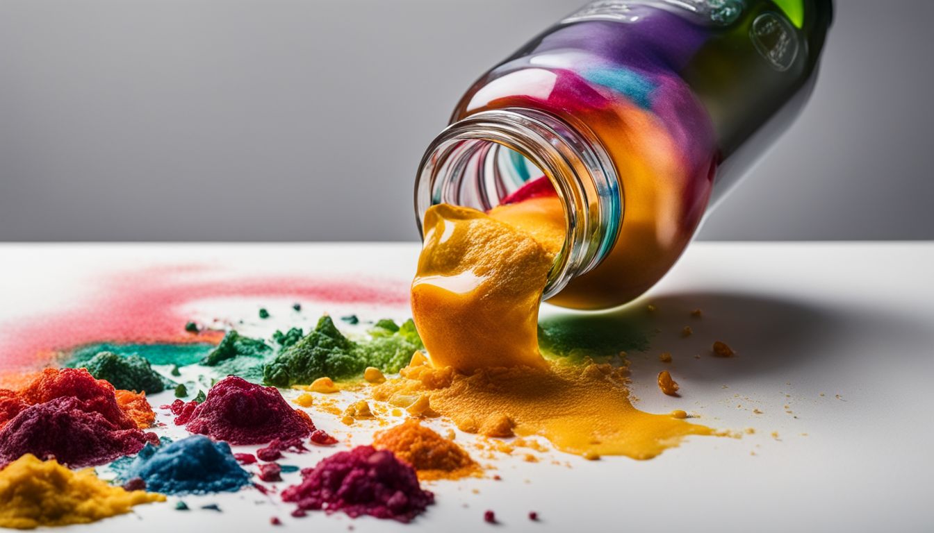 A close-up photo of colorful food dyes spilling out of a bottle onto a white background. Different faces, hair styles, and outfits are depicted.