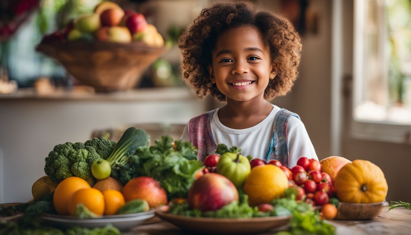 A child holds a plate of fruits and vegetables surrounded by vibrant colors in a bustling, diverse atmosphere.