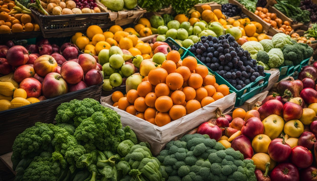 A vibrant farmers market showcasing a variety of colorful fruits and vegetables, with diverse people in the background.