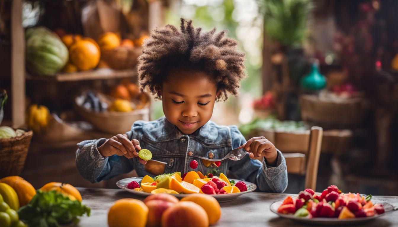 Image of a child with a plate of colorful sweets surrounded by vibrant fruits and vegetables, showcasing diversity and nature.