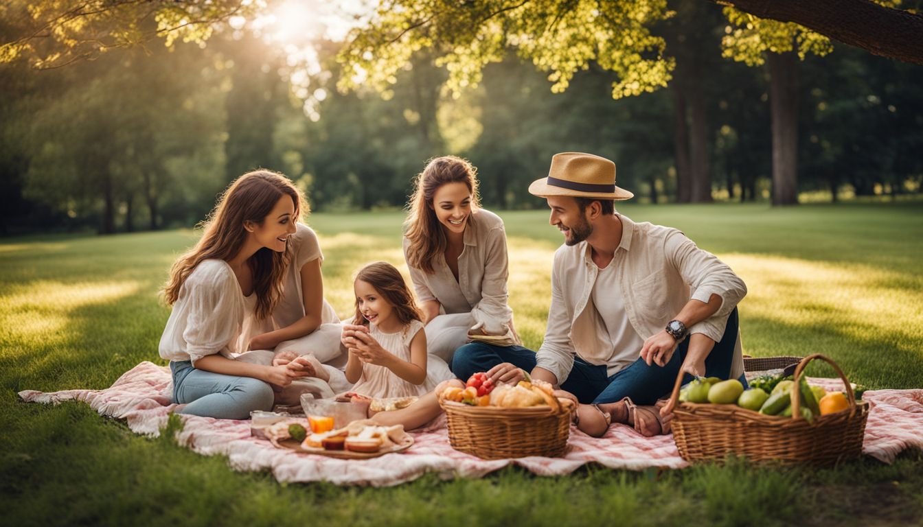 A diverse family enjoying a picnic surrounded by natural, organic food in a park.